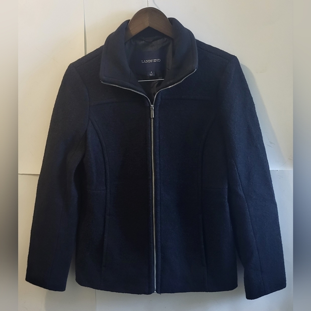 Lands End Jacket‎ Womens Black, Wool/Rayon,  Full Zip, Slash Pockets, Size 4
